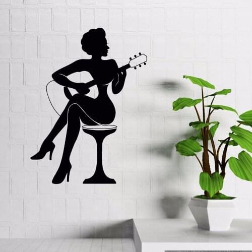 Bar Singer Wall Sticker Guitar Player Elegant Lady Vinyl Decals Music Lover Home Decor Guitar Pattern Wallpapers Art AZ1010