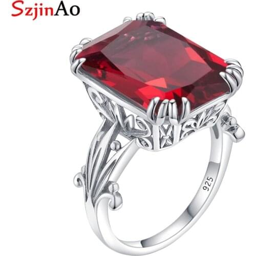 Szjinao Real 925 Sterling Silver Rings For Women Red Ruby Handmade Fine Jewelry Retangle Neo-Gothic Silver 925 Jewelry Ring Gift