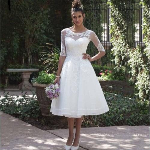 Vestido de noiva 2020 New Fashion Bride Sheer Scoop Half Sleeve Knee Length Short Wedding Dress Cheap Lace Appliques Bridal Gown