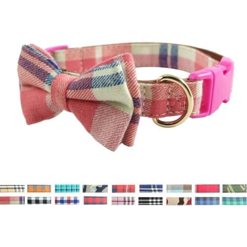 XPangle Dog Collar Bow tie Soft Cotton Leather Pink Plaid Collars for Small Medium Large Dogs Cats Puppies Pet Supplies 27-58cm