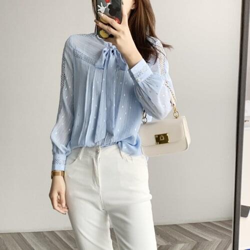New womens Summer ribbon collar Lace Chiffon shirt lightweight hollow Long Sleeve Shirt ~ 42369