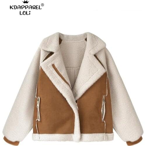 Women Winter Oversized Teddy Jacket Chic Faux Suede Fur Collar Coats Aviator Motorcycle Biker Jackets Female Lamb Wool Coat New