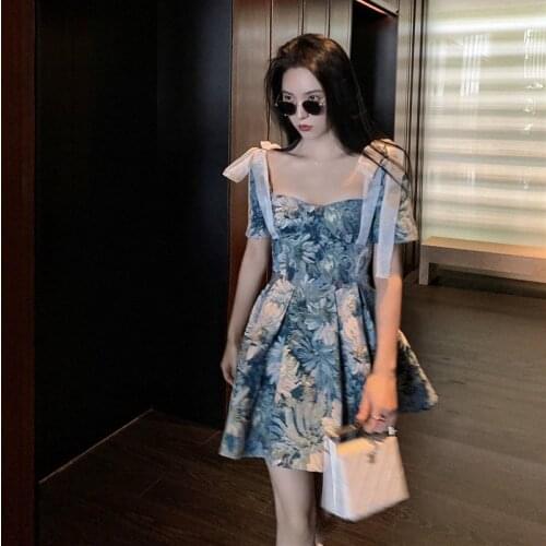 Bella new Print Sexy Party Dresses Lace-up Elegant Korean Fashion Summer Clothes Women Short Sleeve Beach Designer Vintage Dress