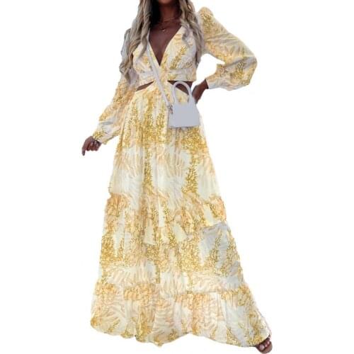 Plus Size Women Maxi Dress Long Sleeve Large Hem Female Sundress Deep V Neck Floral Leaf Print Casual Women Beach Dresses