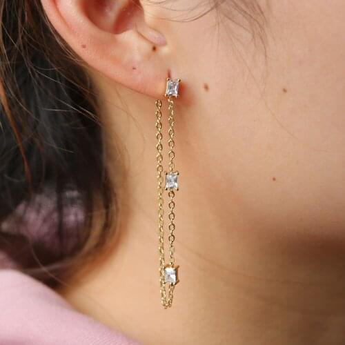 Stock promotion jewelry front back gold color cz crystal design tassel chain earring best gift for lovers girl high quality