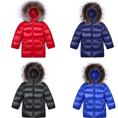 Children Winter Down Jacket Girls Boys Long Down Winter Clothing Thick Natural Large Fur Collar