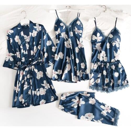 Blue Womens M-XL 5PC Strap Top Pants Suit Pajamas Sleepwear Sets Spring Autumn Home Wear Nightwear Kimono Robe Bath Gown