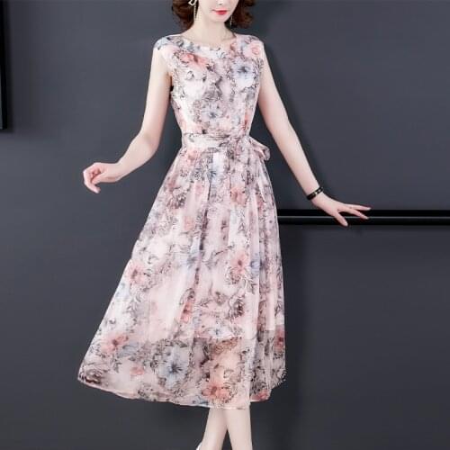 Summer Printed Chiffon Sleeveless Sexy Midi Dresses 2021 Vintage Plus Size Beach Sundress Female Elegant Bodycon Party Vestidos