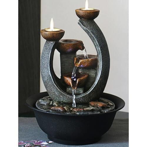 Multifunction Indoor Water Fountain & Candle Holders With LED Lights Three Tier Soothing Cascading Tabletop Fountains With Rocks