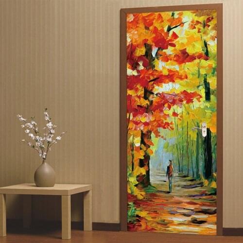 3D Door Wall Sticker DIY Home Decor Art Mural Creative Vinyl Wallpaper Waterproof Wooden Autumn Leaves Stickers On The Door