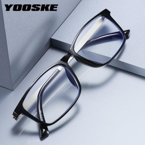 YOOSKE Blocking Blue Light Reading Glasses Mens Business TR90 Frame Women Vintage Black Prescription Hyperopia Eyeglasses +100