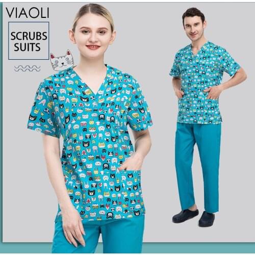 Beauty Salon Clothes Nursing Scrub Shirt Unisex Pet Grooming Institution Room Scrub V-neck Tops Uniform Women Workwear Clothes