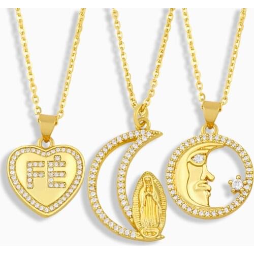 FLOLA FE Heart Clavicle Necklace For Women Rhinestone Moon Virgin Mary Pendant Necklace Cubic Zirconia Wholesale Jewelry nkev23