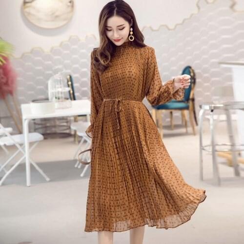 BGTEEVER Plus Size O-neck Print Chiffon Women Dress Flare Full Sleeve A-line Female Dress 2019 Spring Pleated Midi Vestidos