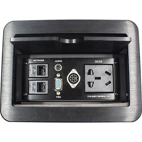 Slide Up Zinc Alloy Desktop Power Socket Office Multimedia Information Panel AC Socket Dual RJ45 3.5mm VGA 8Pin Microphone Jack