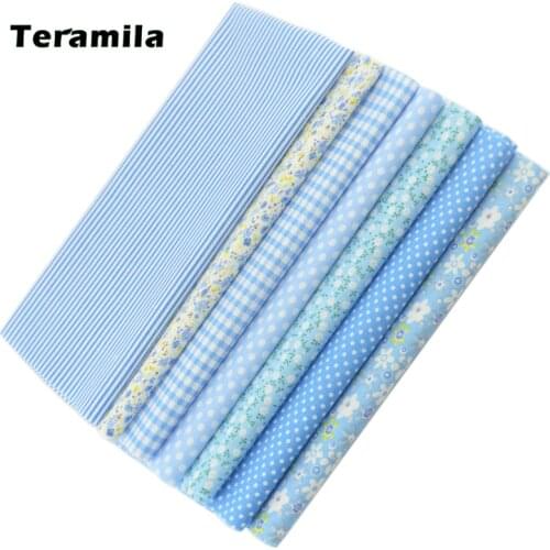 Teramila 7pcs Blue Color Cotton Fabric Different Patterns Telas Cloth Materials For DIY Sewing Dolls Patchwork Crafts Decration