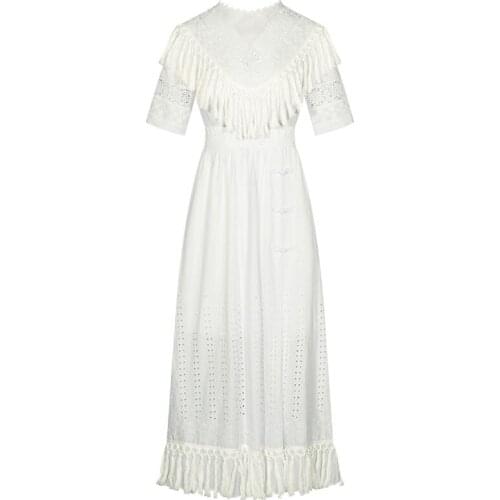 PERHAPS U Women Bohemian Dress White Midi Short Sleeve Tassel Lace D1238