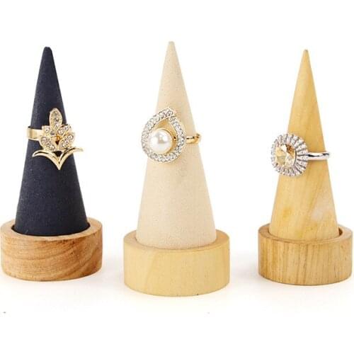 High Quality Wood Jewelry Organizer Ring Display Stand Holder Cone Shaped Support Finger Rack Crafts Rings Storage Showcase
