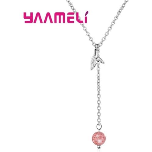 Classic Stylish Pink Crystal Bead Tail Pendant Collarbone Chain Necklace Real 925 Sterling Silver Jewelry Womens New Year Gift