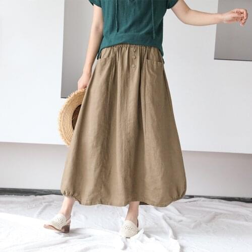Johnature Casual New Summer Skirts Solid A-line Button Mid-calf Natural Loose Cotton Pockets Women Clothes 2021 Women Skirt