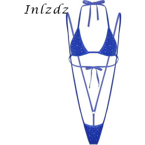 Womens Erotic Bikini Lingerie Suit Glitter Rhinestone Lace-up Swimwear Sunbathing Sexy Bikini Set Halter Neck Bra with G-string