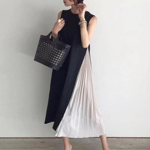 Summer New Ladies Dress Simple Round Neck Sleeveless Stitching Pleated Temperament Loose Woman Long Skirt Clothing WE389