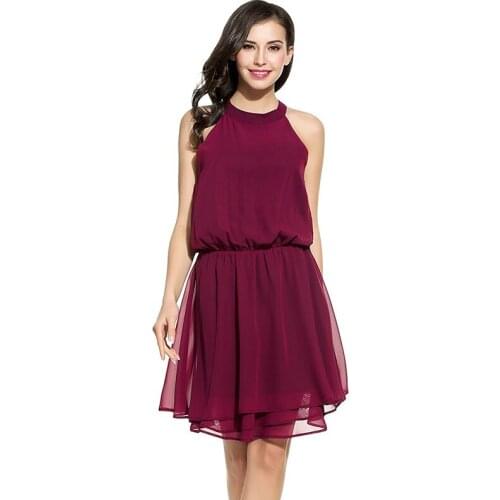 Womens Elegant Sleeveless Chiffon Dress Solid High Waist Halter Knee-high Dresses Summer Ruffle Pleated Evening Party Dress