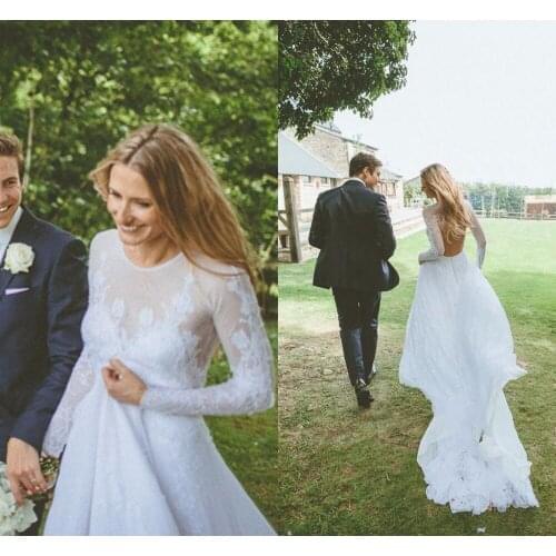 2020 Charming beach Wedding Dresses long Sleeve Lace Illusion Backless Applique Sheer vestido de novia Bridal dress wedding gown