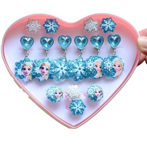 14pcs Disney Elsa Childrens Ear Clips Frozen Jewelry Long Ear Clips Cartoon Baby Toy Ring Gift Set