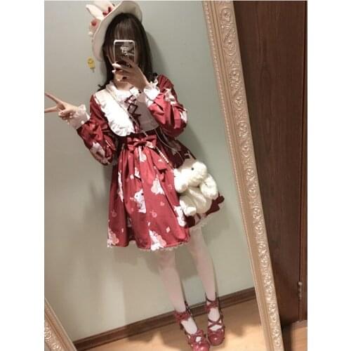 2016 Spring Girls Lolita Kawaii "Musician Rabbit" Peter-pan Collar Dress Princess Dolly Dress Ruffles Bow Cute Dress Red / White