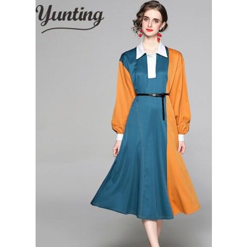 Spring Elegant Long Sleeve Women Casual Dress Female Belted Long Dress