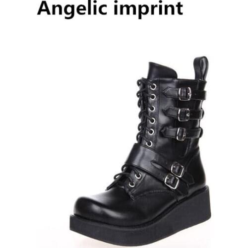 Angelic imprint mori girl Women cosplay punk motorcycle boots lady lolita ankle short Boots woman high trifle heel pumps shoes