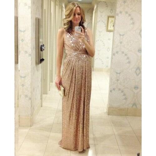 Sparkle Cheap Bridesmaid Dresses Under 50 A-line V-neck Sequins Long Wedding Party Dresses