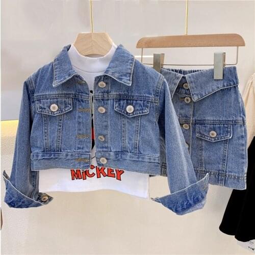 Spring Autumn girls 2 pcs set baby jacket + skirt dress kids suit children denim clothes button glitter letter patch 3 to 8 yrs