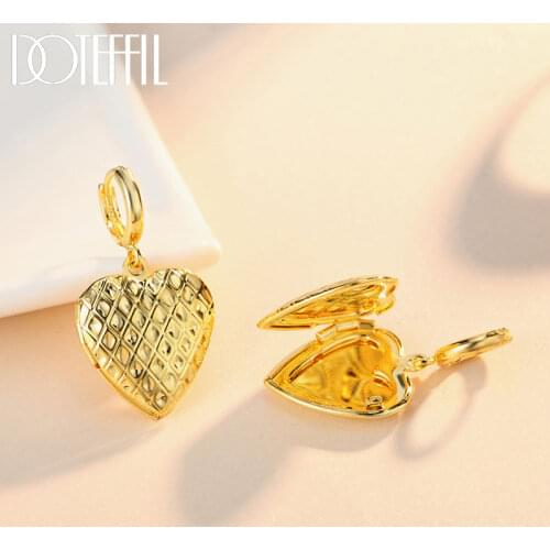 DOTEFFIL 925 Sterling Silver Gold Heart-Shaped Photo Frame Earrings Women Fashion Jewelry Wedding Engagement Party Gift