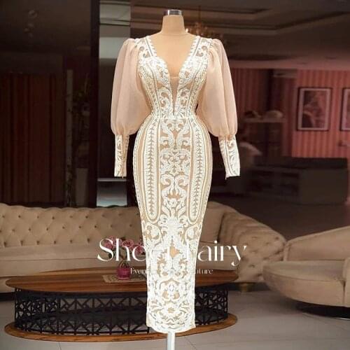 Saudi Arabia White Sequin Evening Gowns Long Sleeve Dubai Prom Dresses for Women Wedding Party Night Dress Plus Size Formal