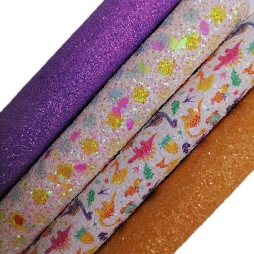Purple Orange Glitter leather, Dinosaur Candy Dots Printed Glitter Faux Leather with Felt Backing For Bows DIY 21x29CM KM716