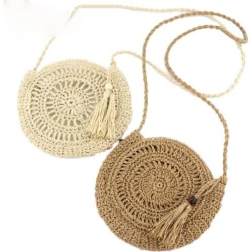 Round Soft Paper Rope Shoulder Bag Tassel Summer Beach Handmade Crossbody Bags Women Hollow Straw Bag Circle Rattan Bag
