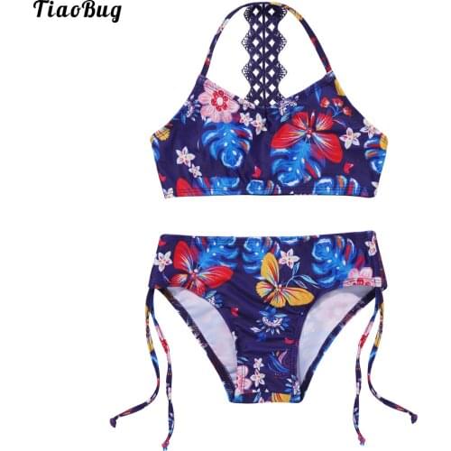 TiaoBug Summer 2Pcs Kids Girls Floral Printed Bikini Set Sleeveless Top Swim Trunks With Adjustable Strap Swimsuit Swimwear