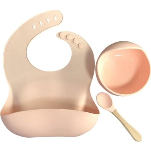 Baby Silicone Bowl Bib Set Non-slip Childrens Suction Cup Wooden Handle Silicone Spoon Bib Tableware Baby Feeding Tableware