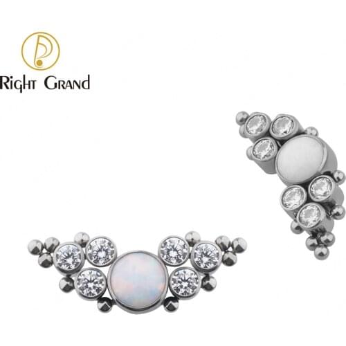 Right Grand ASTM F136 Titanium Internally Threaded Bezel Set Opal and CZ Dermal Anchor Top Base Piercing Jewelry