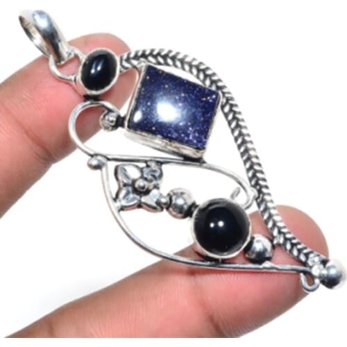 Sunstone,Black Onyx Pendant Silver Overlay over Copper , 70mm, P6224