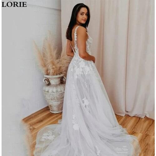 LORIE Boho Wedding Dress A Line Vestidos de novia V Neck Lace Appliqued Lace Sexy Princess Wedding Bride Dresses
