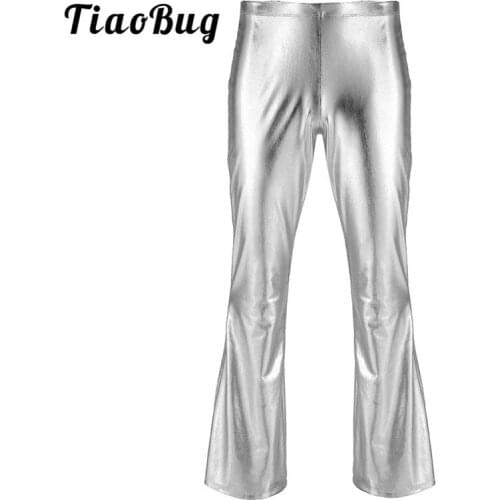 TiaoBug Men Shiny Metallic Stage Dance Costume Disco Pants Male Long Flare Pants Club Festival Rave Trousers Jazz Dance Costumes