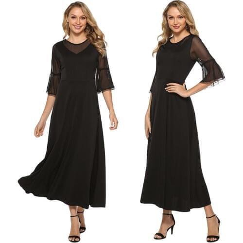 Vintage Women Mesh Patchwork Long Dress Black Flare Sleeve O-Neck Maxi Cocktail Party Summer Casual Lady Ball Prom Gown Fashiono