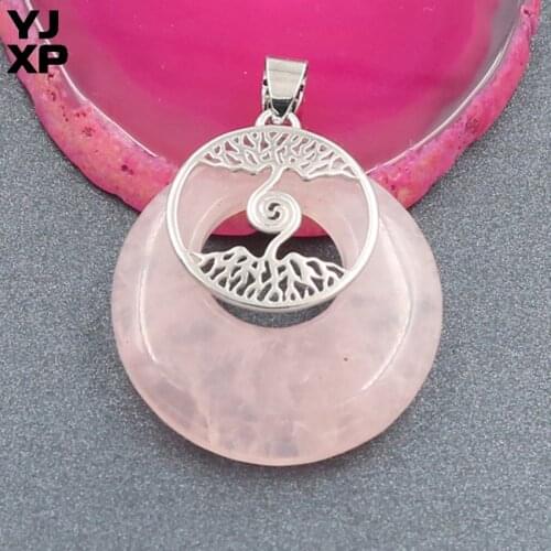 YJXP Silver Plated Safety Buckle Round Stone Rose Pink Quartz Pendant Tree of Life Charm Jewelry