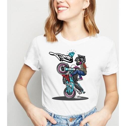 Women clothes cool stunt girl rides motocycle cartoon tee shirt femme summer top female Print hip hop punk t-shirt hipster shirt