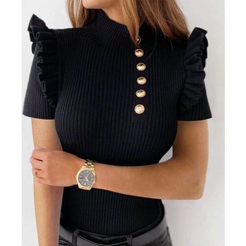 2021 Elegant Women Solid Color T-Shirts Single-Breasted Design Ruffles Decor O-Neck Short Sleeve Summer Slim Black Pullovers Top