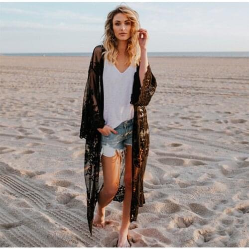 Sun Shawl Beachwear Loose Lace Shirt Hollow chain link flower sun protection shirt Beach Cover Up