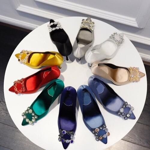 2020 size34-40 Womens Shoes Top Quality High Heels Pumps 100% Real Silk Womens Pumps Genuine Leather Crystal Ponited Toe Shoes